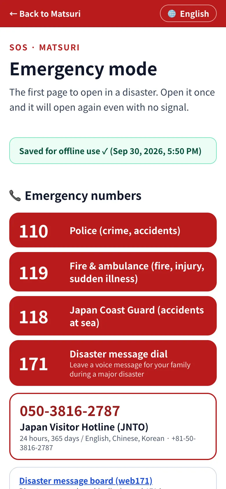 Matsuri emergency mode with tap-to-call buttons for 110, 119, 118, 171 and the JNTO Japan Visitor Hotline 050-3816-2787