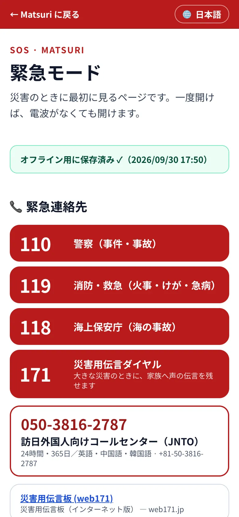 Matsuriの緊急モード。110・119・118・171とJNTO訪日外国人向けコールセンター050-3816-2787がタップで発信できるボタンになっている
