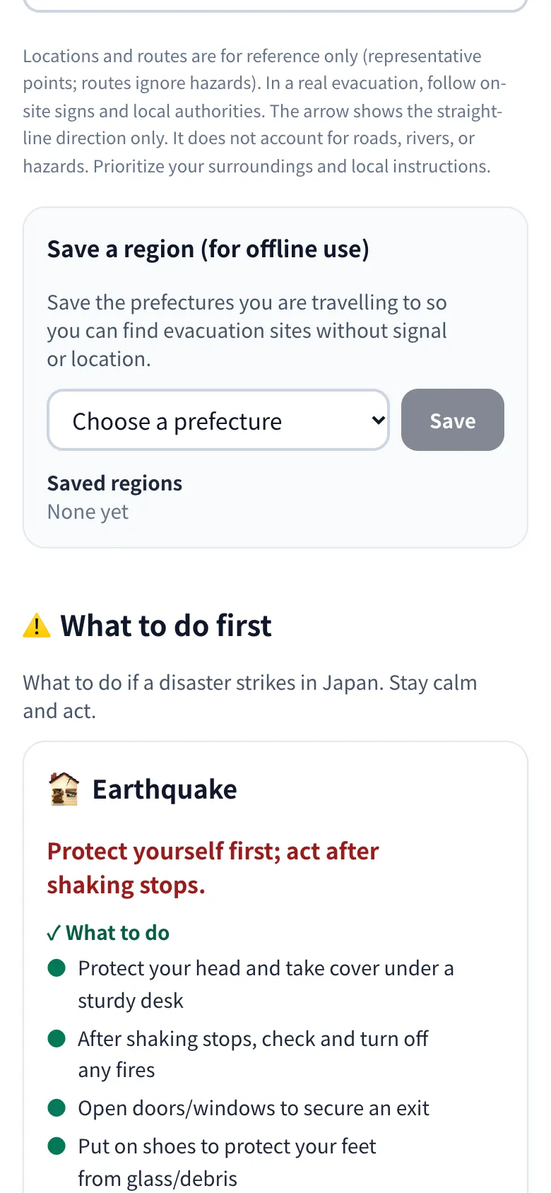 Matsuri emergency mode earthquake card listing what to do and what to avoid, below a Save a region for offline use selector
