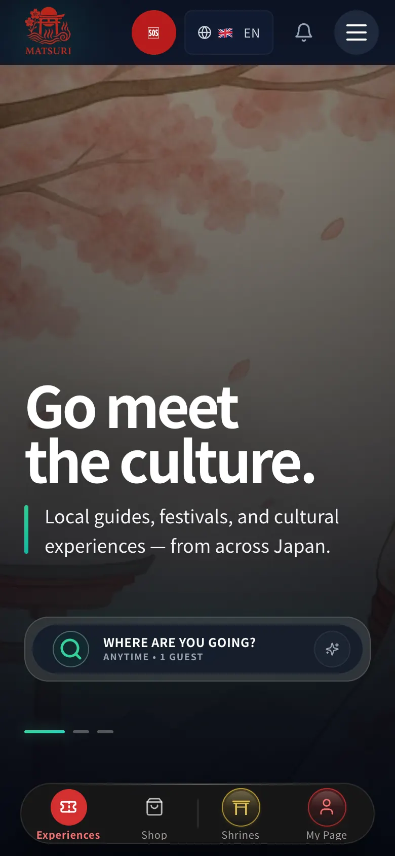 Matsuri home screen on a phone: the headline Go meet the culture, a search bar for place, date and guests, and a bottom bar with Experiences, Shop, Shrines and My Page