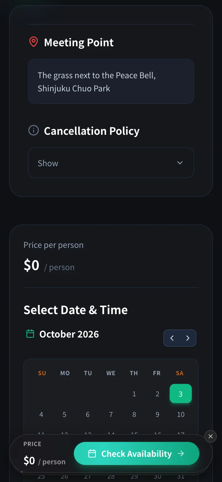 Matsuri date picker for the meetup showing October 2026 with the 3rd highlighted and a price of 0 dollars per person