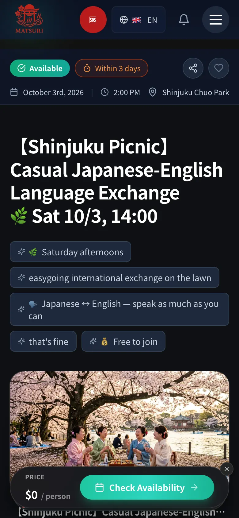 Matsuri meetup page for a casual Japanese-English language exchange picnic in Shinjuku Chuo Park on Saturday 3 October at 14:00, free to join