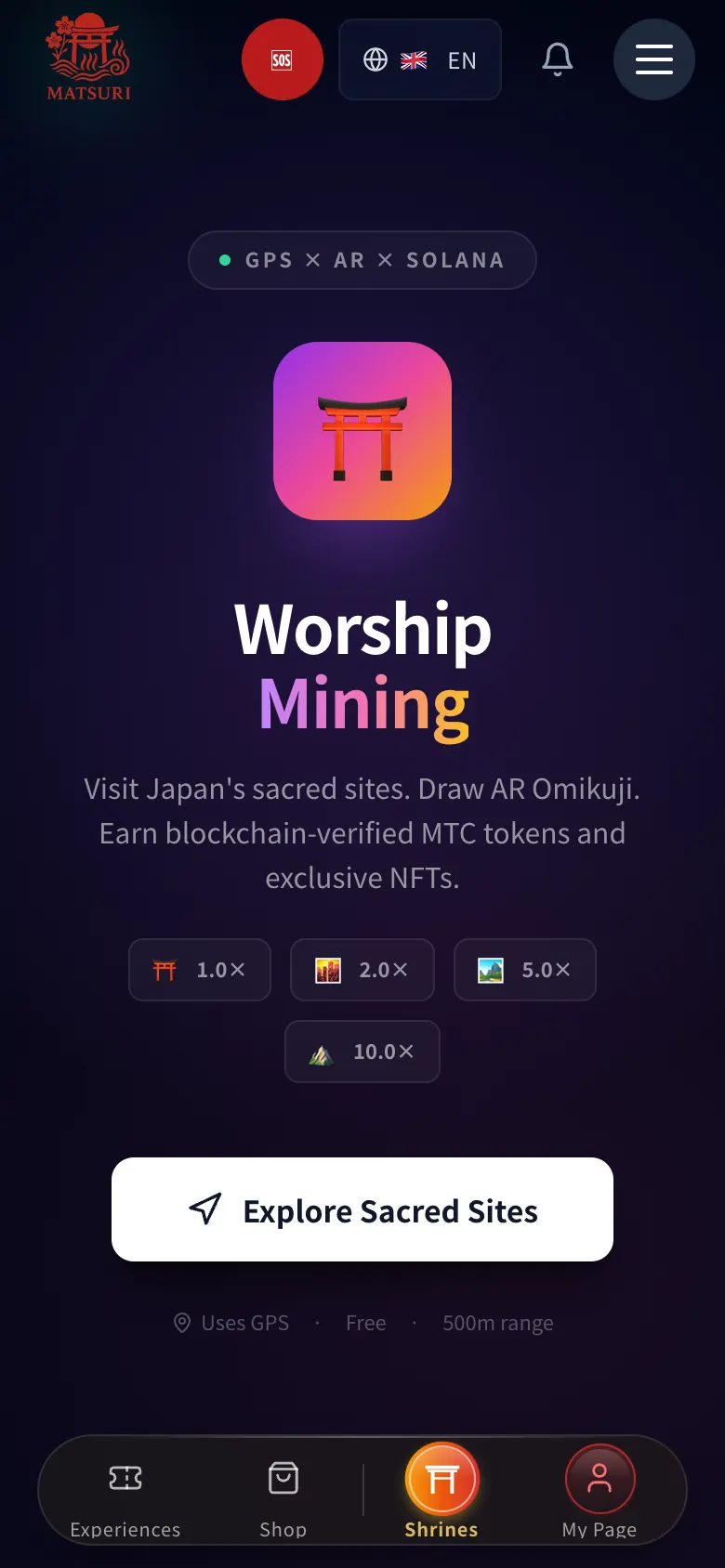 Matsuri Worship Mining screen with a torii icon, a line saying visit Japan sacred sites and draw AR omikuji to earn MTC tokens and NFTs, reward multipliers and an Explore Sacred Sites button
