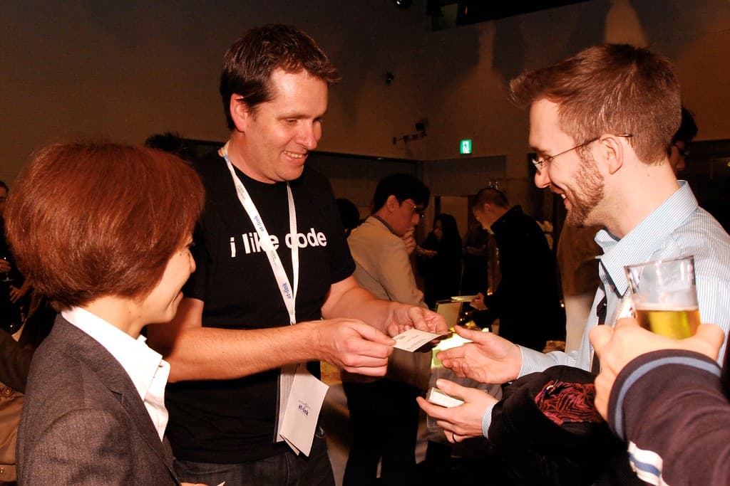 Practicing the correct meishi (business card) exchange technique