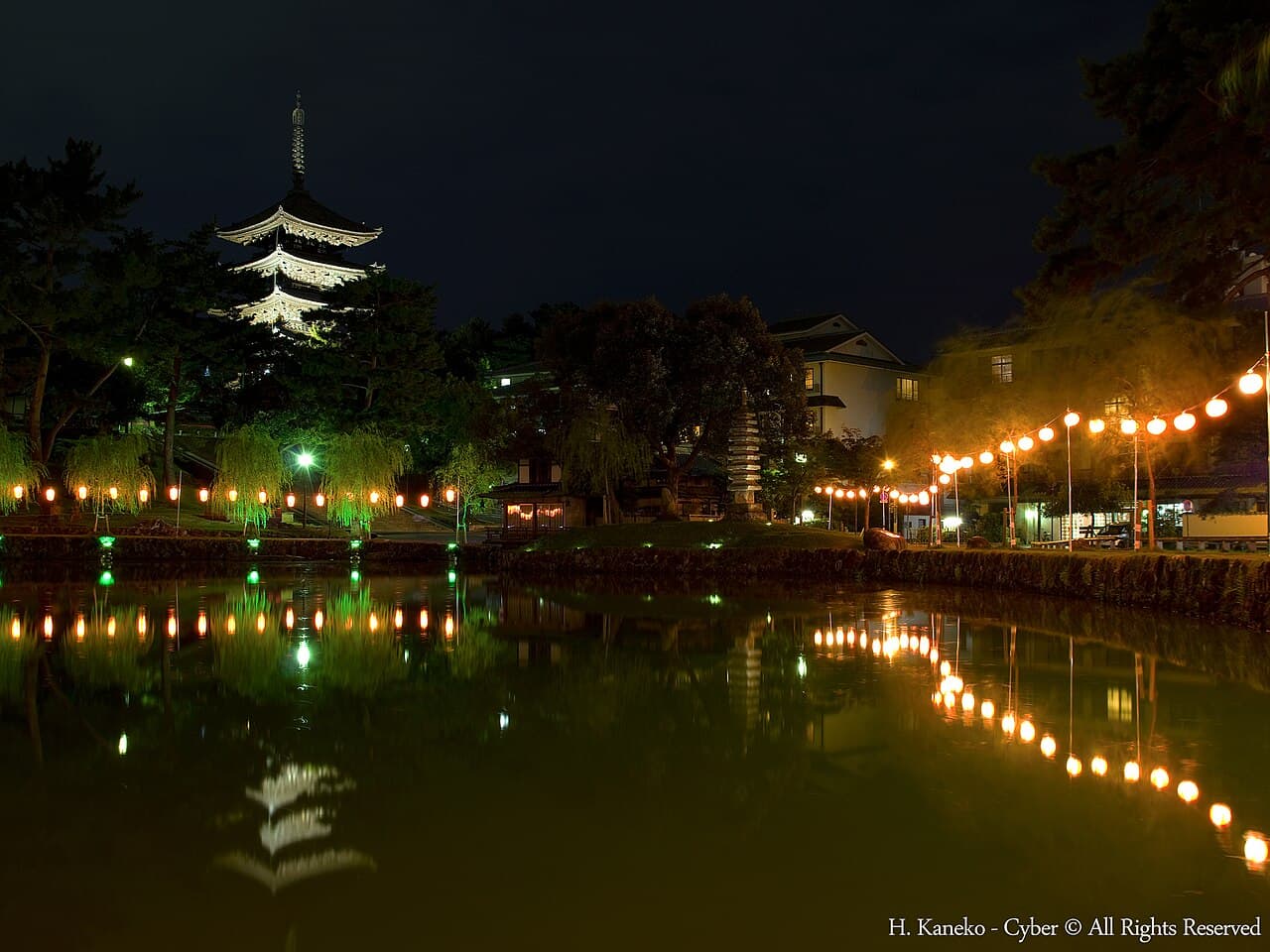 Night view of Sarusawa Pond reflecting the five-story pagoda of Kofuku-ji temple in Nara, Japan