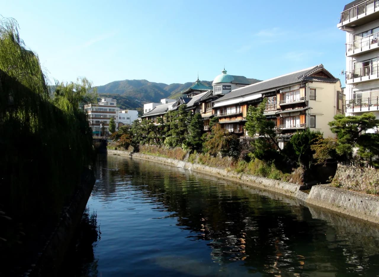 The Matsukawa river and Okawa Bridge in central Ito Onsen, Shizuoka, where the public baths cluster