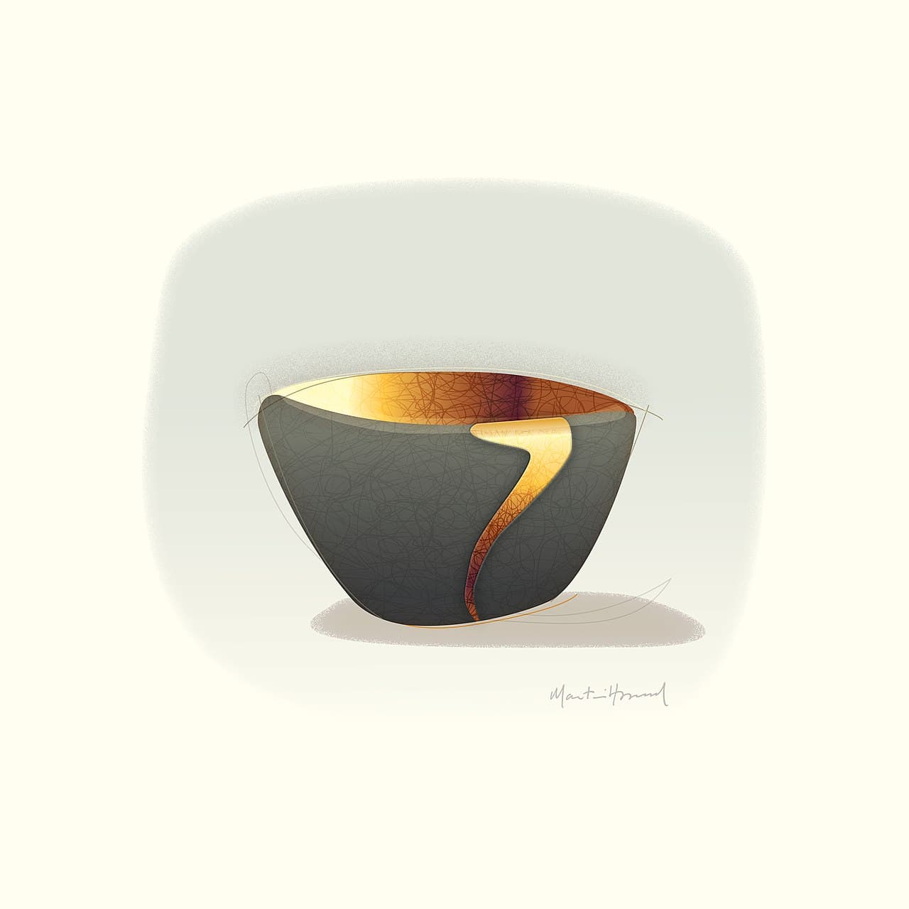 A ceramic bowl repaired with kintsugi — cracks mended with gold lacquer